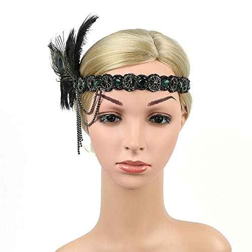 STIOEDYUAN 1920s Feather Headband Flapper Headpiece Beaded Gatsby Rhinestone Hair Chain Accessories Women Tassel Headdress