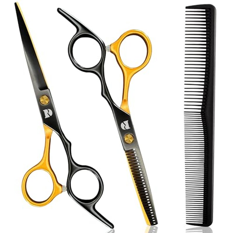 Professional Hair Cutting Shears Set,6 Inch Barber Hair Cutting Scissors Kit,Hairdressing Thinning Shears for Hair Cutting,Sharp Blades Haircut Scissors Kit for Women/Men/Kids (Rainbow) (Gold)