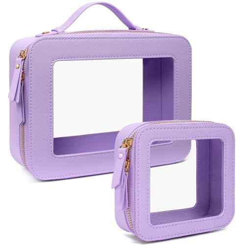 Clear Makeup Bags TSA Approved Toiletry Bag with Handle Large Opening, Clear Toiletry Bags for Carry-on Traveling Travel Car Essentials Orangizer Storage, Leather Cosmetic Bag (Purple, Mini&Large)