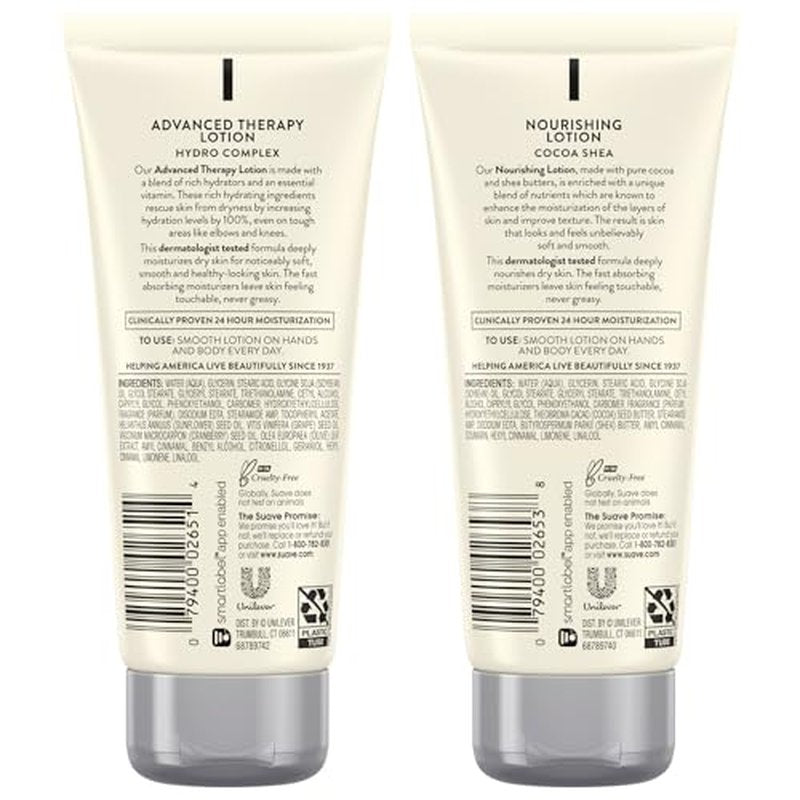 Suave Lotion Variety Pack ? Advanced Therapy Hydro Complex & Nourishing Lotion Cocoa Shea, Moisture-Rich Body Lotion for Extremely Dry Skin, 3 Oz Ea (2 Piece Set)