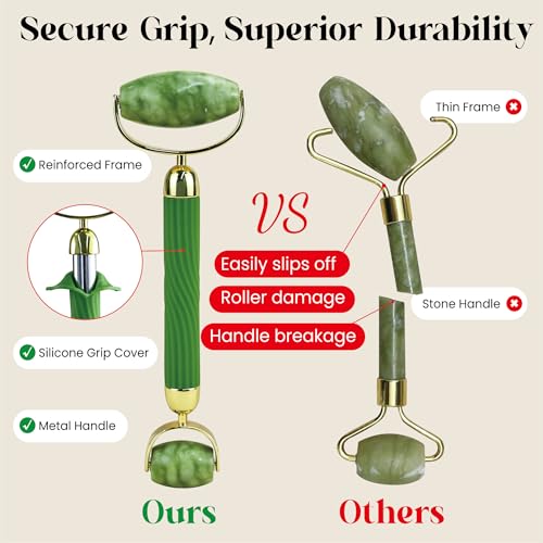 Rena Chris Gua Sha and Face Roller Set: Anti-Breakage Jade Roller for Long-Lasting Use, Jawline Sculpting and Puffiness Reducing, Gua Sha Facial Tools for Self Care Gift (Green)