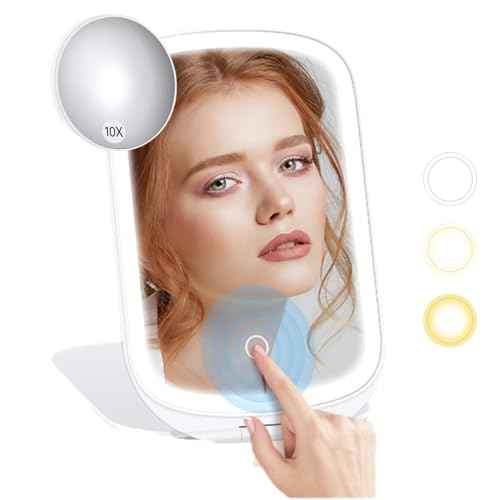 Travel Makeup Mirror with Lights, Rechargeable Portable Lighted Makeup Mirror with 10X Magnifying Mirror, 3 Color Lighting and High Capacity 1000mAh Battery, Travel Essential