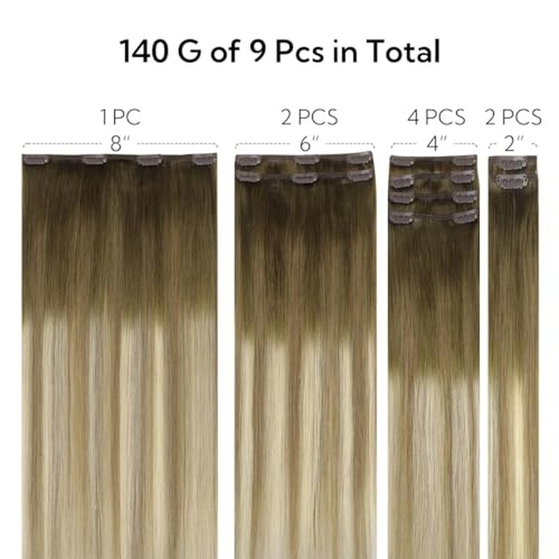 HOTBANANA Clip in Hair Extensions Real Human Hair, 150g 9pcs 20 inch Walnut Brown to Ash Brown and Bleach Blonde Straight Remy Clip in Extensions Full Head for Women