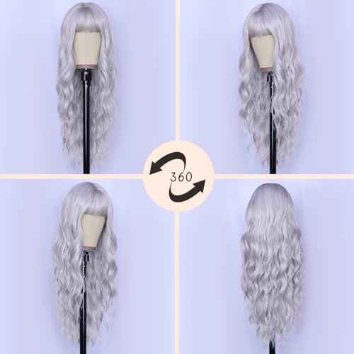 NAYOO Gray Wigs with Bangs - Long Curly Wavy Synthetic Fiber Wigs for Daily Party Use - Heat Resistant - 26 Inches (Silver Gray)