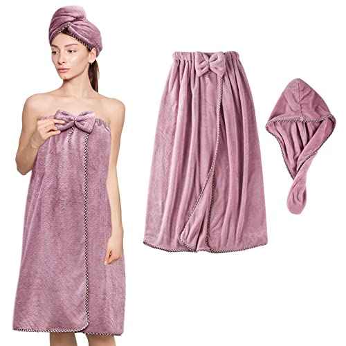 Women Microfiber Bath Towel Wrap - Adjustable Soft Body Wraps Dress with Hair Towel for Shower After Body and Head Cover, Super Absorbent to Quick Drying Hair and Body, Purple