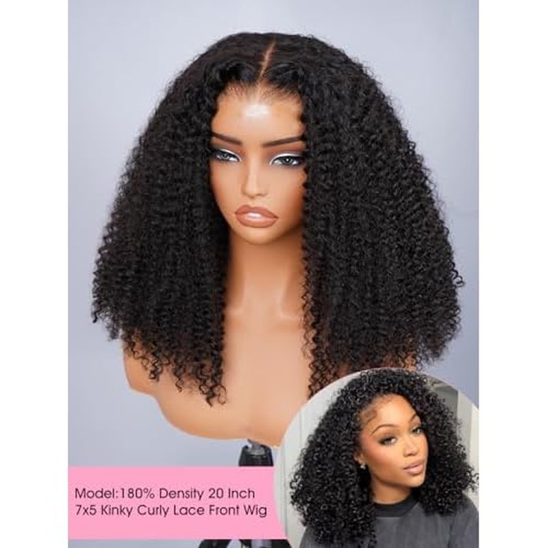 Kinky Curly Wear and Go Glueless Wigs Human Hair Pre Plucked Pre Cut 7x5 Lace Front Wig Pre Bleached Knots 180% Density Closure Wigs Human Hair for Women Natural Color 16 Inch