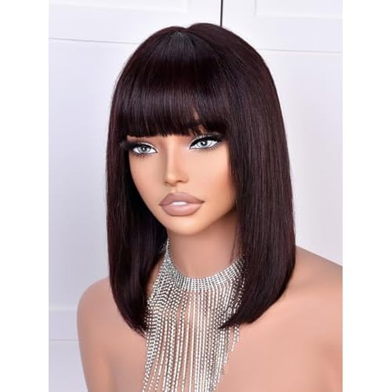 Bob Wig Human Hair 210% Density Bob Wig with Bangs 100% Human Hair Wigs for Black Women Pre-Bleached Glueless Straight Bob Wigs(12Inch)