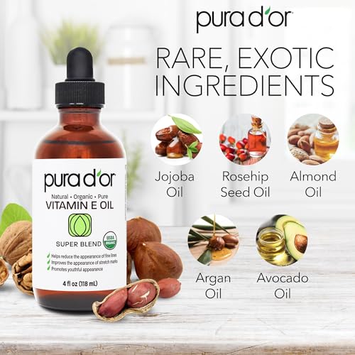 PURA D'OR 4 Oz Organic Vitamin E Oil ? USDA Certified Face, Body, Hair & Bath Oil with Argan, Jojoba, Rosehip, Apricot, Almond & Avocado ? Lightweight Moisturizing Blend for Soft, Smooth Skin