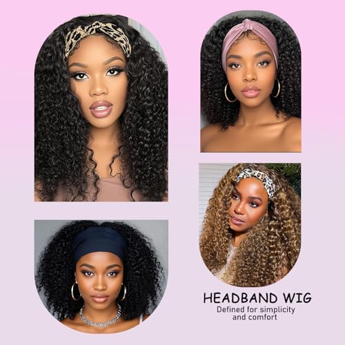 Headband Wig Human Hair Kinky Curly Headband Wigs for Black Women 18 Inch Human Hair Headband Wig Curly Human Hair Wig Half Wigs 150% Density Natural Black Color