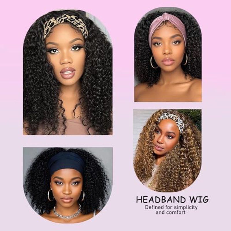 Headband Wig Human Hair Kinky Curly Human Hair Wigs for Black Women Curly Half Wig None Lace Front Wigs 150% Density 24 Inch Brazilian Virgin Hair Natural Color