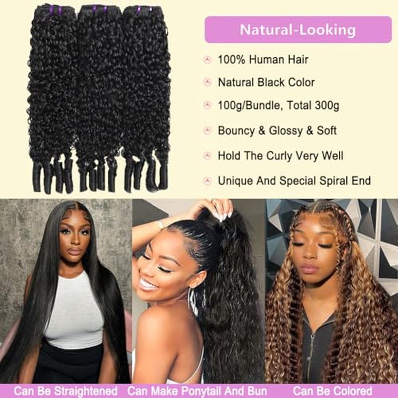 Seekomi Burmese Curly Human Hair 3 Bundles 16 18 20 Inch 100% Virgin Water Curly Bundles Human Hair with Spiral Ends Double Weft Quick Weave for Women, Natural Black Color, 300g