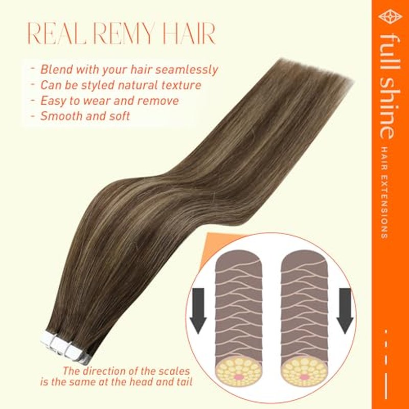 Full Shine Ombre Hair Extensions Tape in Hair Extensions Human Hair 20INCH Color 4 Medium Brown to 24 Blonde and 4 Medium Brown 100G 40PCS Tape ins Straight Skin Weft Add Volume
