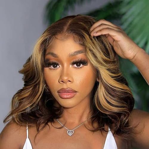 LuAiJa Ombre Brown Loose Wave Glueless Wigs Human Hair 9x6 Highlight Deep Wave Wear and Go Glueless Wigs Human Hair Pre Plucked Pre Cut 16 inch Blonde and Brown Lace Front Wig 200% Density