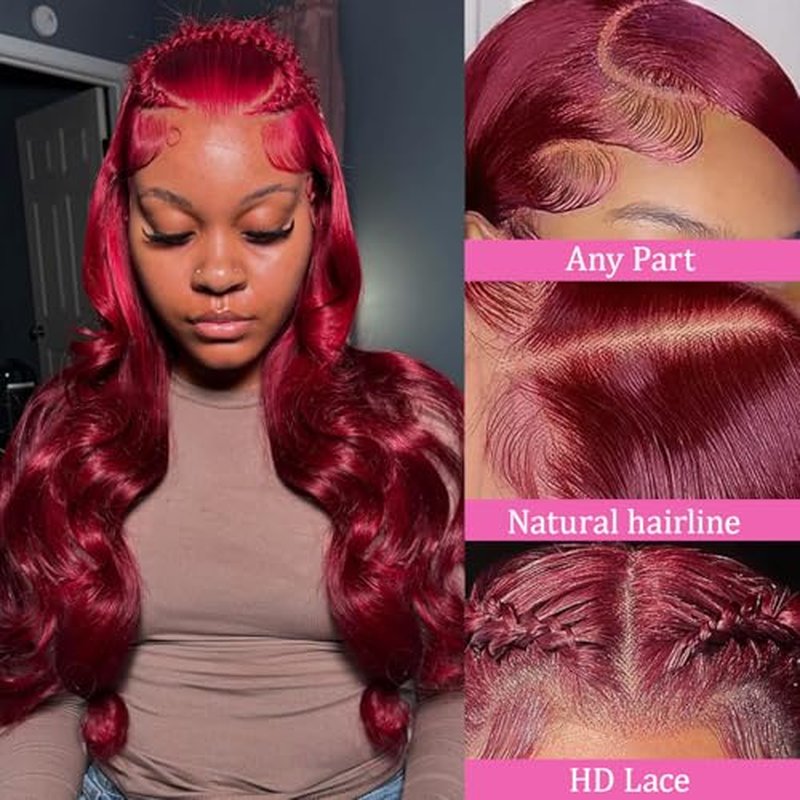 99j Burgundy Lace Front Wigs Human Hair 13x4 HD Transparent Body Wave Lace Front Wigs Human Hair Pre Plucked 180% Density Glueless Wine Red Human Hair Wigs for Women (28)
