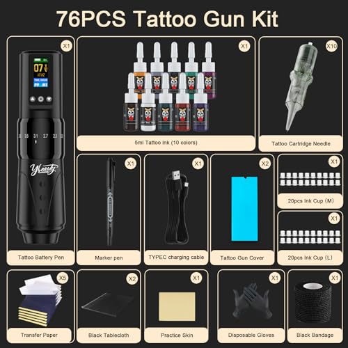 Wireless Tattoo Gun Kit - Professional Rotary Tattoo Machine with 1,600 mAh Power Supply, Complete Tattoo Pen Set with 10Pcs Cartridge Needles for Beginners Tattoo Supplies (Black, 76Pcs)
