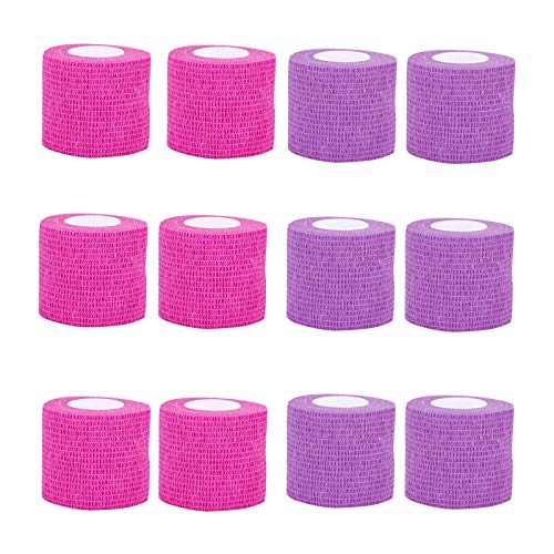 VideoPUP Tattoo Grip Cover Wrap,12PCS Disposable Cohesive Tattoo Grip Cover Elastic Bandage Handle Grip Tube for Tattoo Machine Tattoo Grip Accessories(Phosphor Pink+Purple)