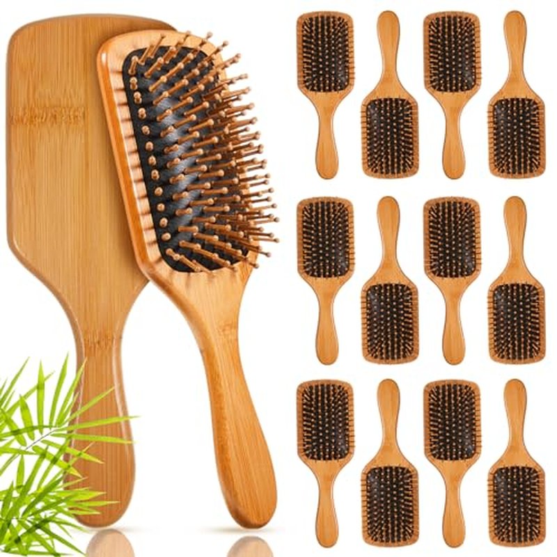 Tessco for you 12 Pcs Christmas Bamboo Hair Brushes Thanksgiving Bulk Wooden Paddle Brush Scalp Massage Bristle Anti Static Engraving DIY Gift for Women Wedding(9.65'' X 3.35'',Black)