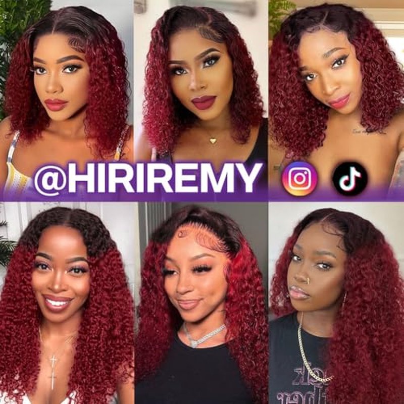 Ombre 99J Burgundy BOB Lace Front Wigs Human Hair For Black Women Wear And Go Glueless Wine Red 13x4 HD Short Deep Wave Curly Frontal BOB Wigs Human Hair Pre Plucked 1B/99J 16 Inch