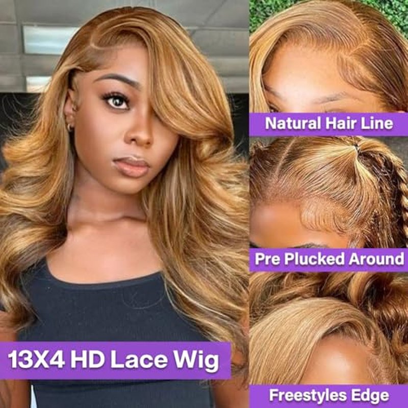 Hihmarm 13x4 HD Body Wave Highlight Ombre Lace Frontal Wigs Human Hair Pre Plucked 18 Inch Honey Blonde Lace Front Wig Human Hair 180% Density 4/27 Glueless Wigs Human Hair For Black Women