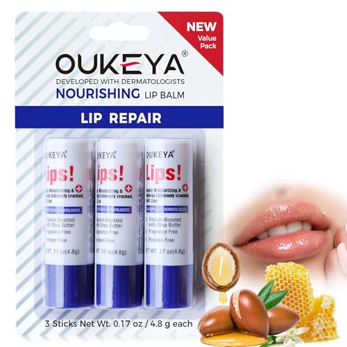 OUKEYA 3PCS Medicated Lip Balm Hydrating w/Petrolatum,Shea Butter, Beeswax,100% Natural Ingredients,Organic Lip Butter Balm & Moisturizers Lip Repair For Dry Cracked Lips Overnight Lip Treatment