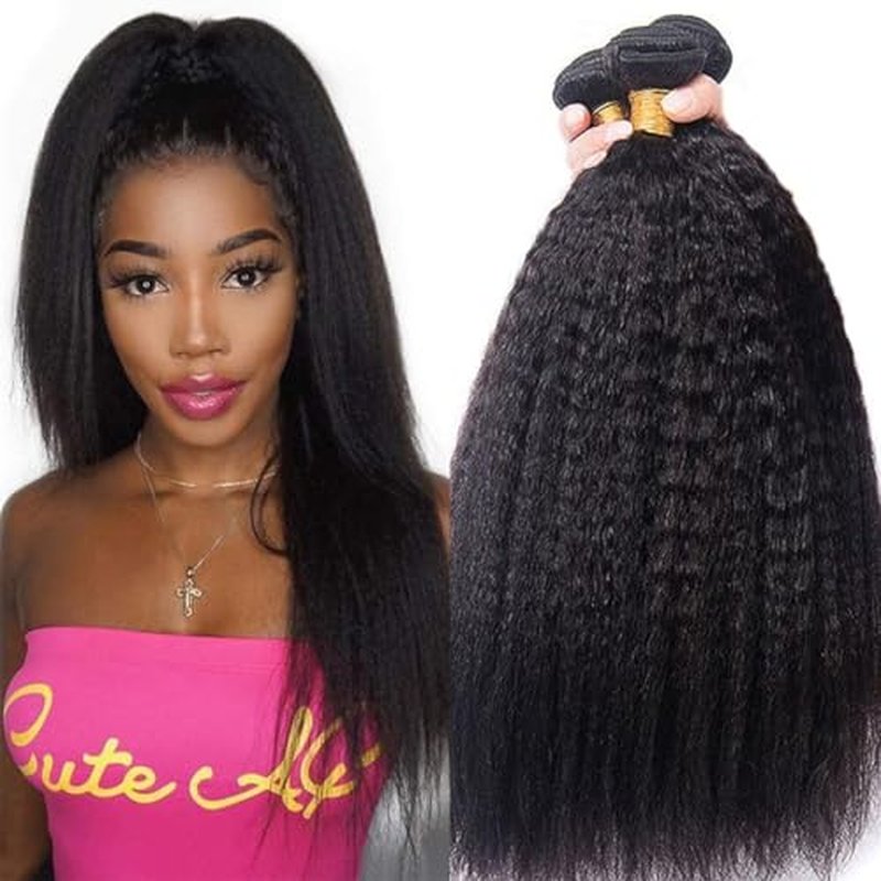 Hair Bundles 12A Yaki Kinky Straight Human Hair 3 Bundles 100% Unprocessed Mongolian Virgin Human Hair Kinky Straight Bundles Yaki Hair Natural Color (20 22 24)