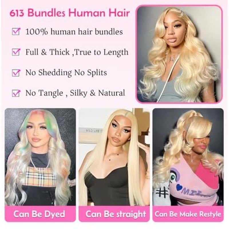 613 Blonde Human Hair Bundles 32 Inch Body Wave 613 Bundles 14A Grade 100% Unprocessed Brazilian Virgin Human Hair 1 Bundle Blonde Weave bundles 100g