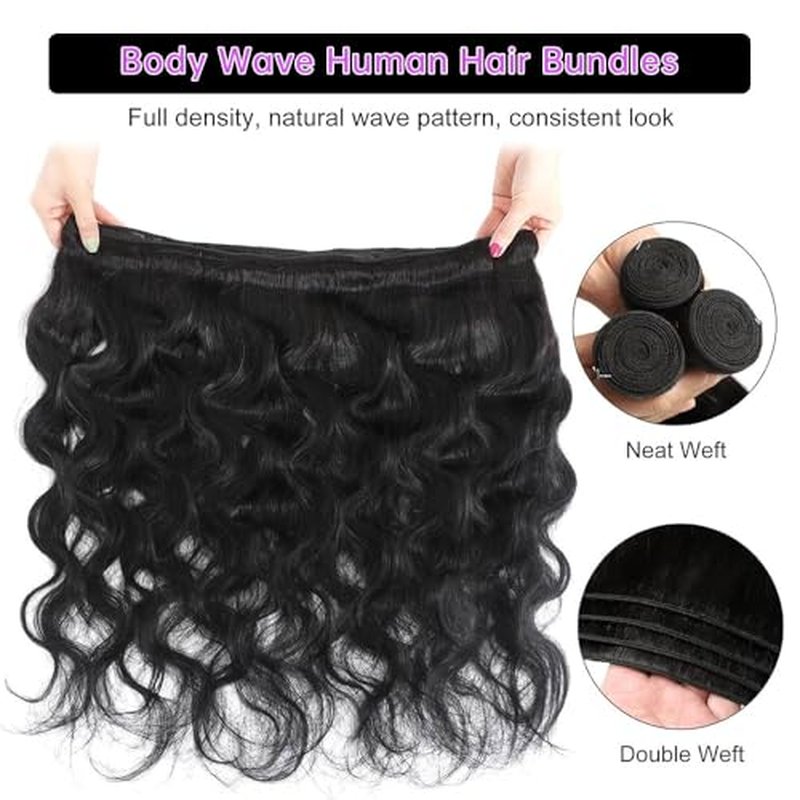 Body Wave Bundles Human Hair 20 22 24 Inch Human Hair Bundles 100% Unprocessed 12A Brazilian Virgin Hair Extensions for Women Natural Black