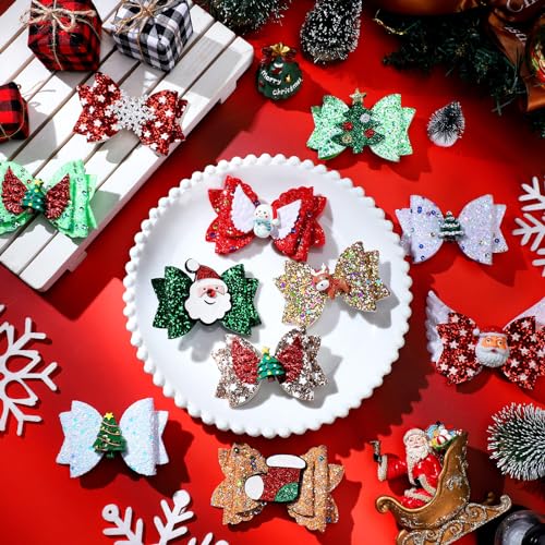 Riceshoot 18 Pcs Christmas Bow Clips Glitter Sequined Gold Silver Hair Pins Santa Snowflake Holiday Hair Accessories Xmas Tree Reindeer Bow Barrettes for Women Birthday Gifts