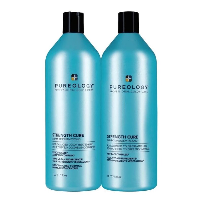Pureology Strength Cure Shampoo & Conditioner Set - For Damaged or Color Treated Hair, Hair Strengthening & Prevents Breakage, Seals Split Ends, Vegan, 33.8 Fl Oz