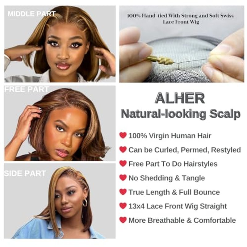ALHER Short Bob Wig 4/27 Honey Blonde Highlight, 12A Straight Small Cap 13x4 Lace Frontal Wigs Human Hair Pre Plucked With Baby Hair, Small Cap Wig Size 21-21.5 180% Density for Black Women 12 Inch
