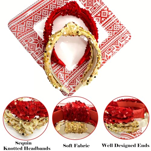 Christmas Knotted Headbands for Women Girls Non Slip Toddler Girl Sequin Headbands Wide Top Knot Head Bands Velvet Hairbands Fashion Hair Accessories for Girl (Red & Gold, 2Pcs)