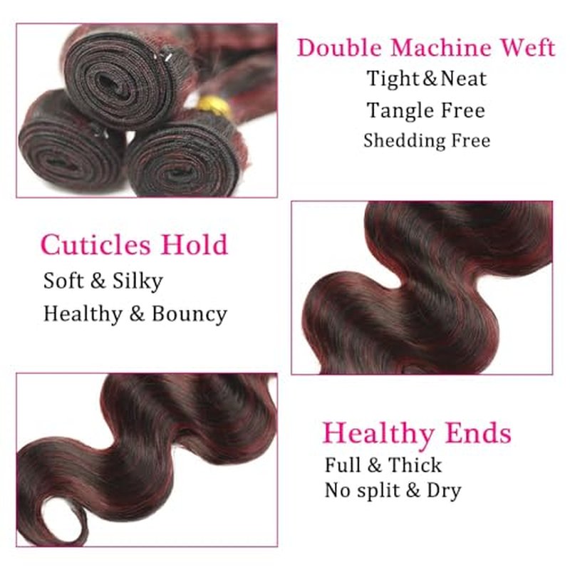 24 26 28 Inch inch Burgundy P1B/99J Body Wave Human Hair Bundles Wine Red 12A Unprocessed Quick Weave for Black Women Soft Sewn In with Double Weft