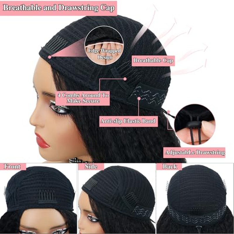 Nvnvdij Kinky Straight Half Wig Human Hair 200% Density Wear Go Glueless Wigs Human Hair 18 Inch Kinky Straight 3 In 1 Half Wigs for Women Drawstring Seamless Flip Headband Wig Beginner Friendly