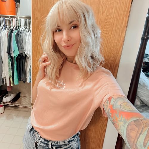 VCKOVCKO Natural Blonde Wigs With Air Bangs for Women Women's Shoulder Length Curly Wavy Synthetic blonde wig with bang Wigs Blonde Wig for White Women Girls (12", Mix Blonde)