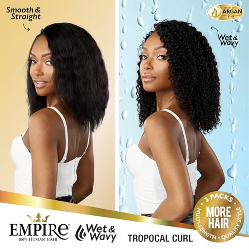 Sensationnel Empire multi weave hair - wet and wavy tropical curl human hair 3 bundle layered lengths (14 16 18 inch, 1B OFFBLACK)