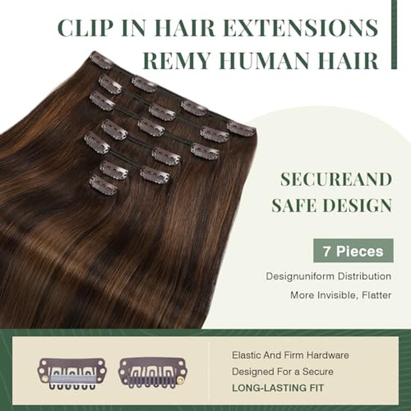 Missme Clip In Hair Extensions Real Human Hair,18in 120g 7pcs Balayage Dark Brown Mixed Chestnut Brown Invisible Straight Seamless Clip Ins Hair Extensions For Women