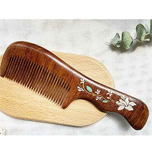 Natural Handmade Sandalwood Hair Comb, Anti-Static Hair Detangler Wooden Combs for Men,Women,Kids Fine Tooth Wood Comb (Flower drawing with free pouch)