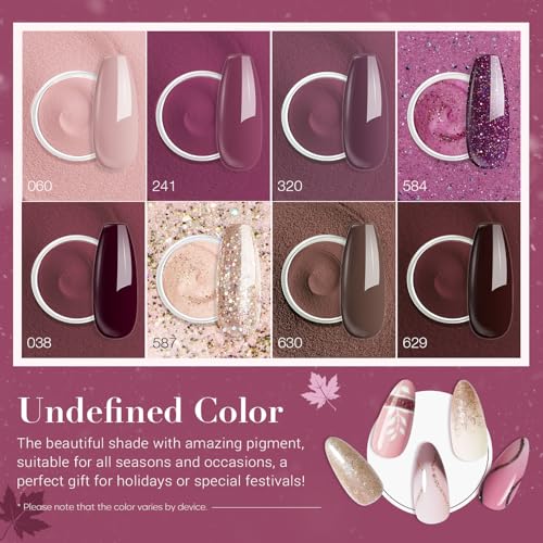 AZUREBEAUTY Dip Powder Nail Kit Starter Glitter Purple Nude Brown 8 Colors 30 Pcs with Nail Swatch Sticks, Dipping Powder Liquid Set Matte Top Coat for Fall Winter Nail Art Manicure Salon DIY Home