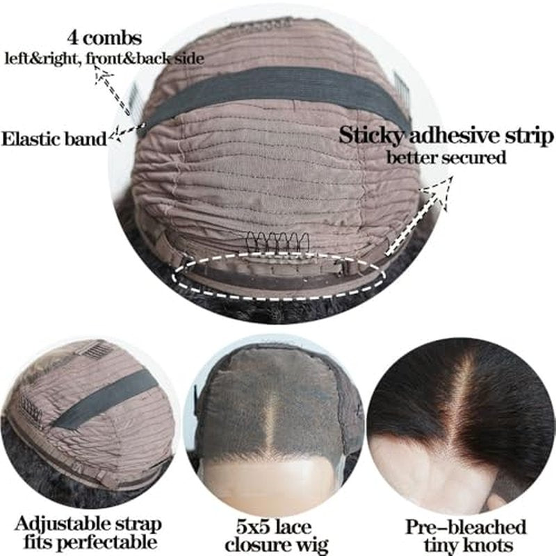 Kinky Straight and Body Wave Wig Glueless Pre Plucked Bleached Knots Lace Front Wig Melted Hairline Ready to Wear 5x5 HD Lace Closure Wigs Human Hair for Women 180% Density (14inches)