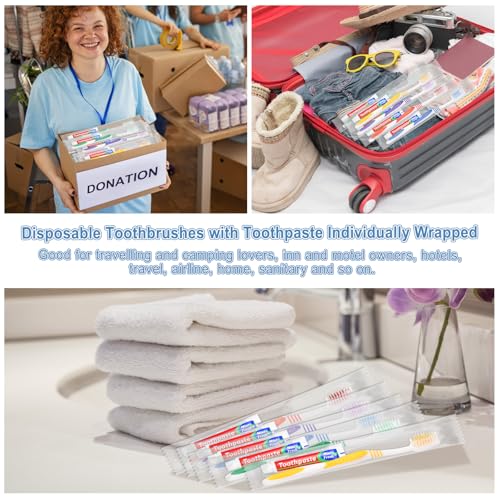 100 Pack Disposable Toothbrushes with Toothpaste Individually Wrapped, 10g Travel Toothpaste Single Use Manual Toothbrush Kit for Adults Guests Travel Hotel Nursing (100 pcs,5 Colors)