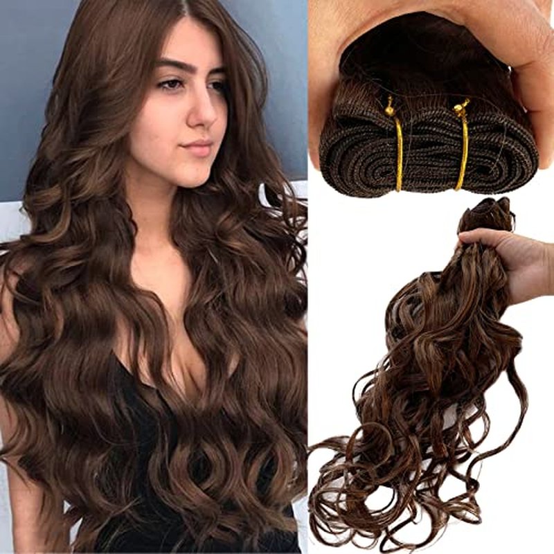 Sew in Hair Extensions Real Human Hair 24 Inch 120G Curly Weft Hair Extensions Human Hair #4 Medium Brown Natural Wave Sew in Human Hair Weft Weave Bundles Double Weft Hand Tied Weft Human Hair
