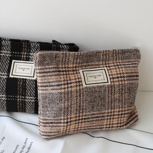 Travel Checkered Makeup Bag, Corduroy Cosmetic Bag for Purse, Small Cosmetic Zipper Pouch Cute Travel Checkered Makeup Bag Gift for Women,Girls (england brown)