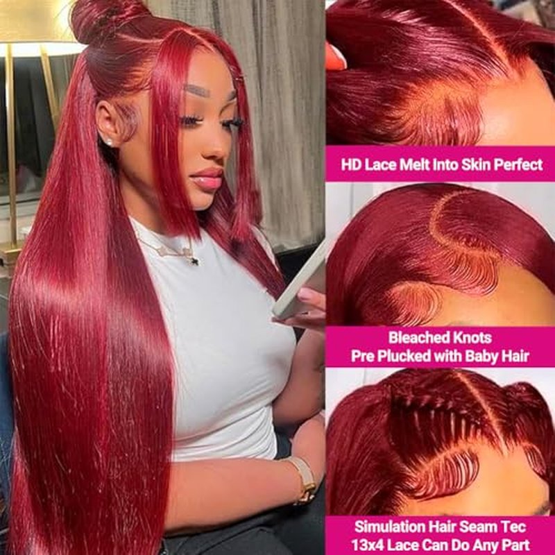 SOSATISFY 200 Density 99J Burgundy Lace Front Wigs Human Hair 13x4 Glueless HD Transparent Red Wigs Straight Lace front Colored Wigs for Women Pre Plucked with Baby Hair 22 Inch