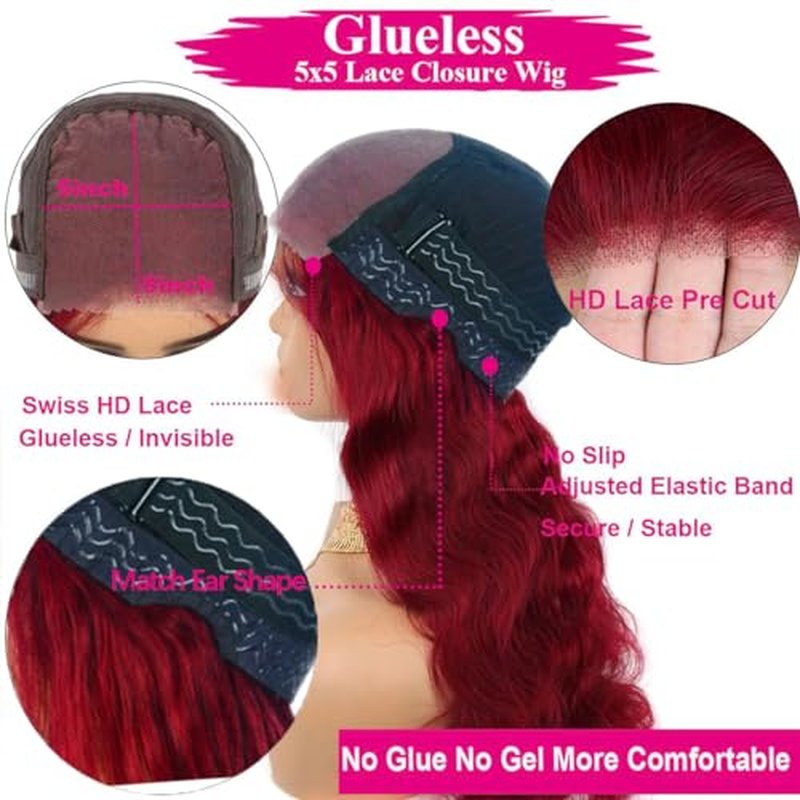 99J Burgundy 5X5 Lace Closure Wigs Human Hair Glueless Wigs HD Transparent 180 Density Wine Red Pre Plucked Pre Cut Body Wear for Beginners 22 Inch