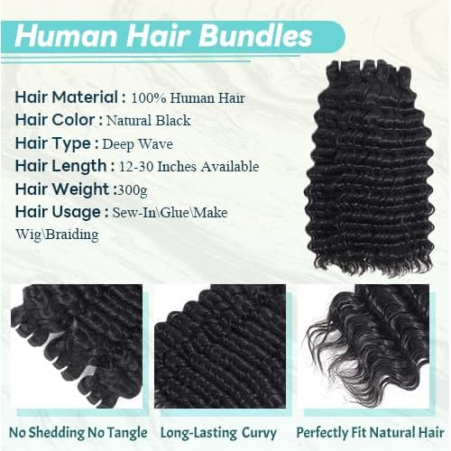 12A Deep Wave Bundles Human Hair 100% Unprocessed Brazilian Virgin Deep Curly Human Hair Weave 3 Bundles Wet And Wavy Real Hair Extensions for Women Natural Black (20 22 24 Inch)