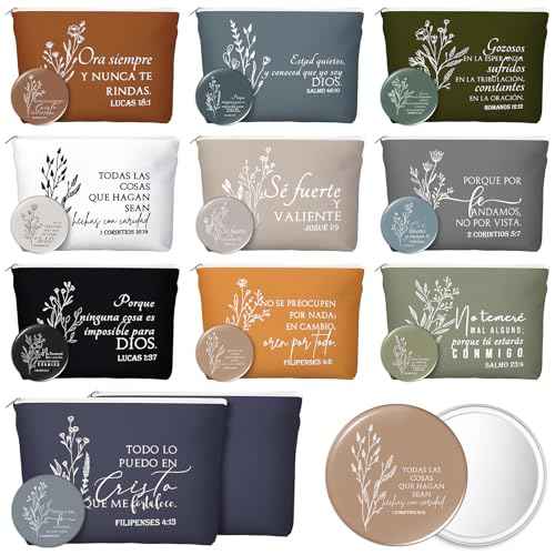 Kacctyen 10 Sets Pastor Appreciation Gifts Bulk Spanish Christian Gifts for Women Regalos Cristianos para Mujer Religious Canvas Makeup Bags with Bible Verse Compact Mirrors (Boho Color)