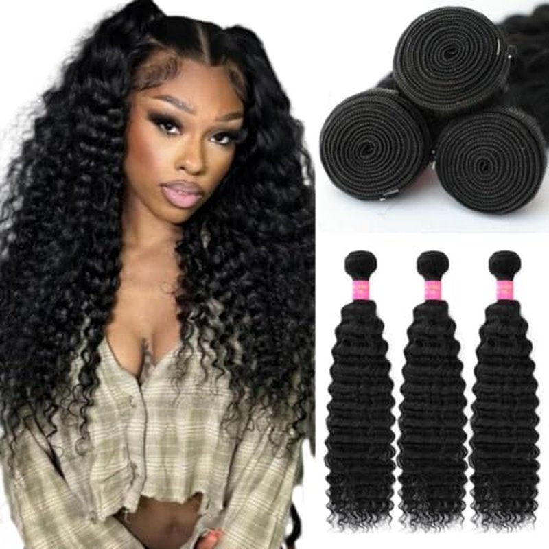 LICHANG 12A Deep Wave Bundles Human Hair 100% Unprocessed Brazilian Virgin Hair 3 Bundles Human Hair Curly Weave Real Hair Natural Black Color Bundles For Women 16 18 20 Inch