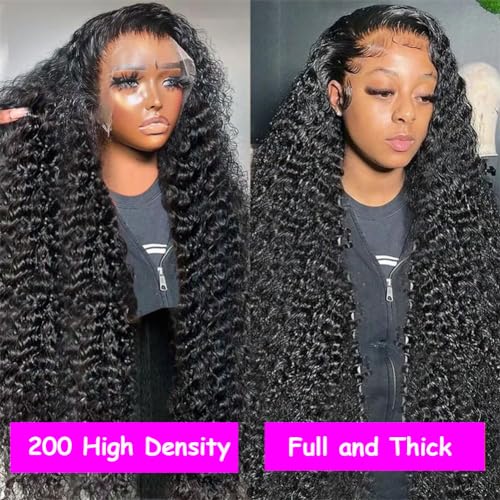Rozilo Aomllute 30 Inch Deep Wave Lace Front Wigs Human Hair 200 Density 13x4 HD Lace Frontal Wigs Human Hair Pre Plucked Deep Curly Glueless Wigs Human Hair for Women Natural Black