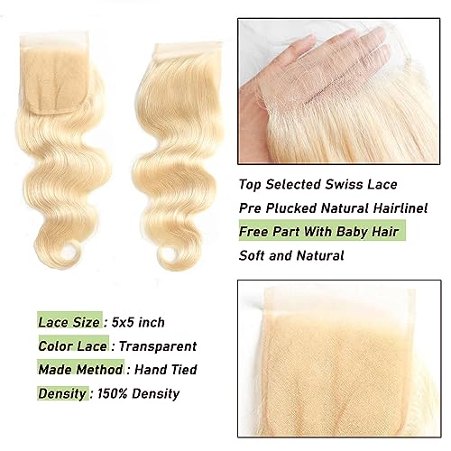 613 Blonde 5x5 Closure 150% Density Body Wave Hd Lace Closure 10a Brazilian Virgin Human Hair Pre Plucked with Baby Hair Natural Hairline Bleached Knots 18 Inch