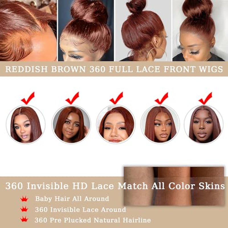 360 Wig Human Hair Full Lace Straight 360 Reddish Brown Lace Front Wigs Human Hair Ponytail Wig 360 Auburn Wigs for Black Women Pre Plucked Virgin Hair Colored Wig Natural HairLine 24 Inch